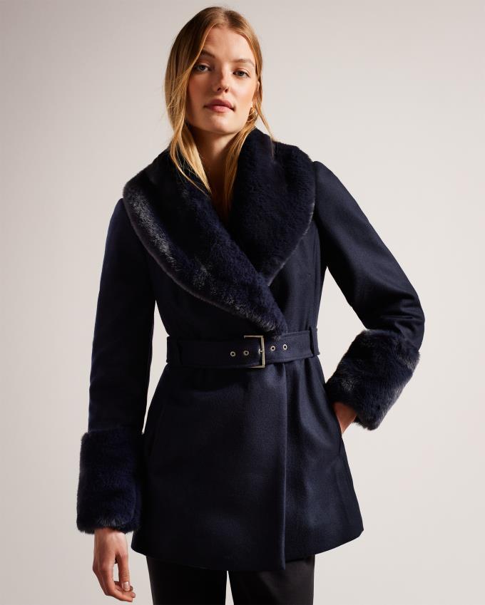 Manteau Ted Baker Belted With Faux Fur Collar and Cuffs Bleu Marine Femme | GNG-19937827